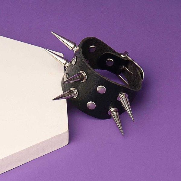 

punk gothic personality charm long rivet pointed double row leather bracelet pu ornament, Golden;silver