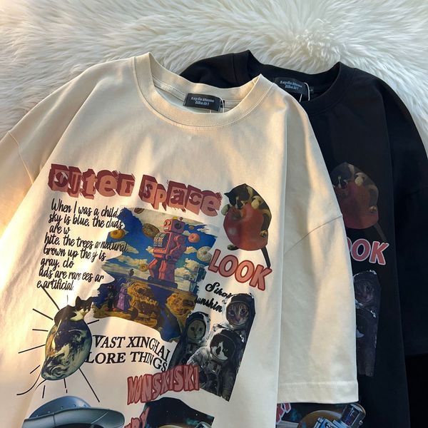 

men s t shirts kaus lengan pendek katun gambar cetak jalan amerika pria dan wanita musim panas merek retro high street pasang setengah 23050, White;black