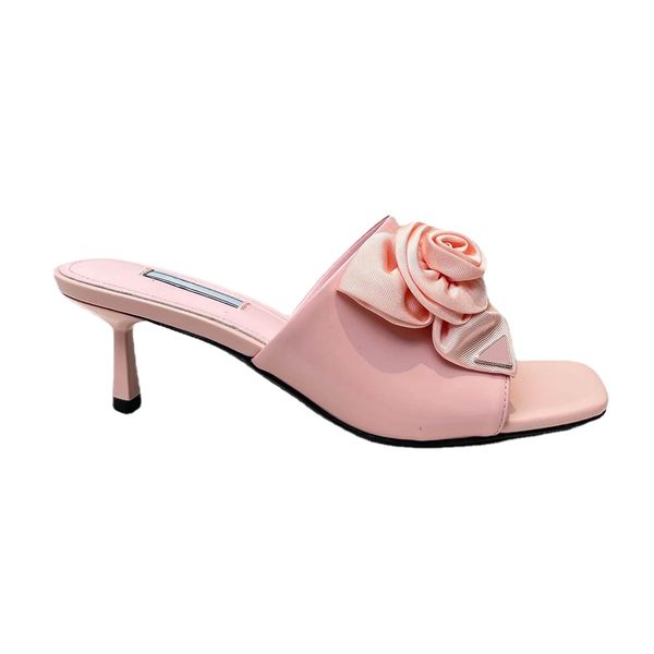 

rose decoration thin heeled slippers mules leather slides stiletto heels slip-on open toe for women luxury designers sandals factory footwea, Black