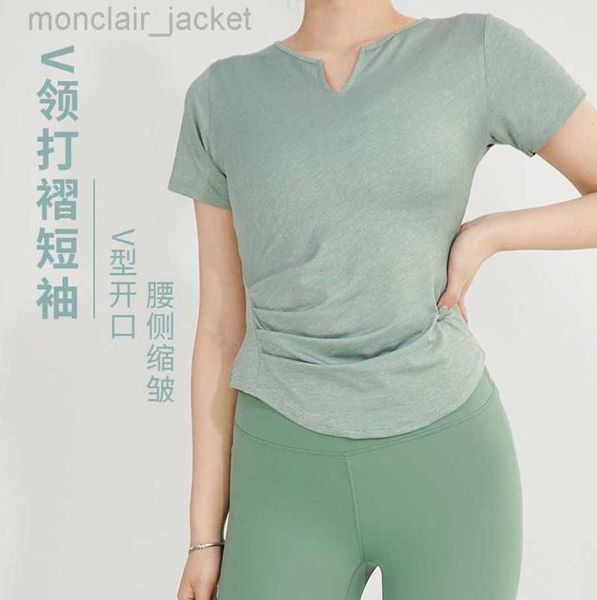 

desginer alo yoga t shirt v-neck pleated short sleeved fitness suit women's quick drying clothes summer sports t-shirt dance wear 23ss, White