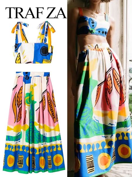 

two piece dress trafza women print skirts set straps bustier backless slim tank high waist pleated midi skirt female streetwear 230509, White