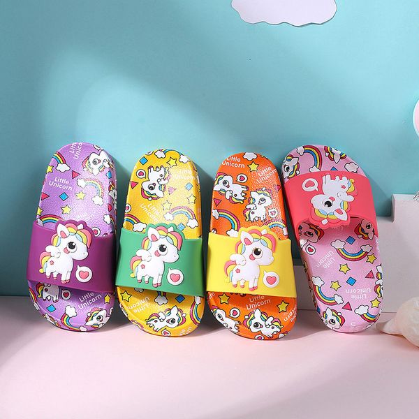 

slipper unicorn kids slippers summer rainbow boys girls slippers pvc non-slip children beach shoes baby home sandals kids flip flops 230509, Black;grey
