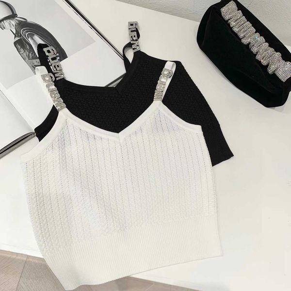 

designer haute couturespring and summer v-neck exposed collarbone knitted suspender big king's letter rhinestone shoulder strap vest sl, White