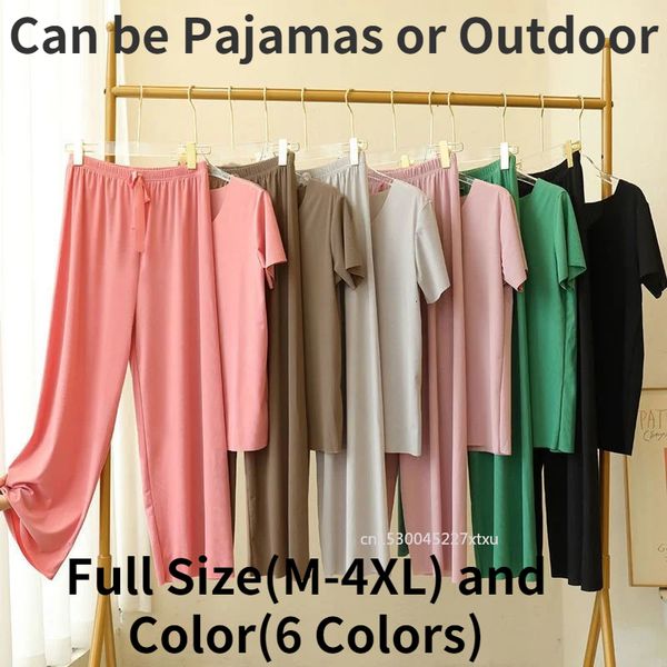 

women's sleepwear breathable soft comfortable ice silk short sleeve tshirt two piece set pajamas outdoor loose wideleg pants scratch re, Black;red