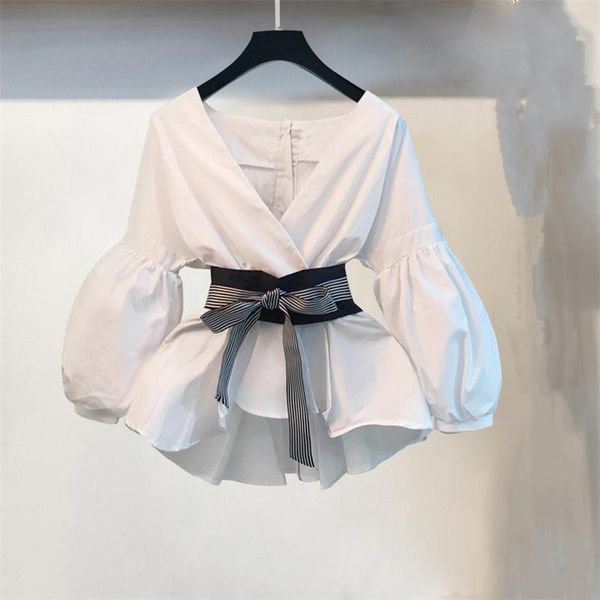 

t-shirt chronstyle 2022 fashion women blouses vintage long lantern sleeve shirts autumn ol with belt striped vneck elegant blouses, White
