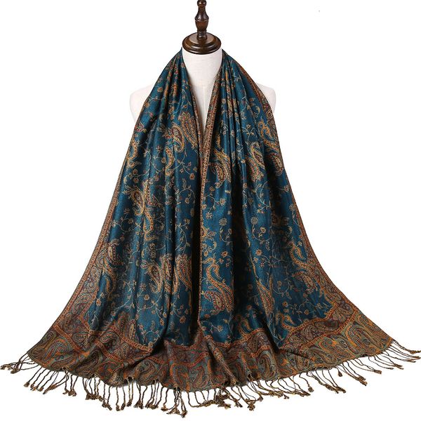 

sarongs pashmina silk scarf shawl wrap paisley jacquard flowers borders rave 2 layers reversible classic tassels for women 70x180cm 200g 230, Blue;gray