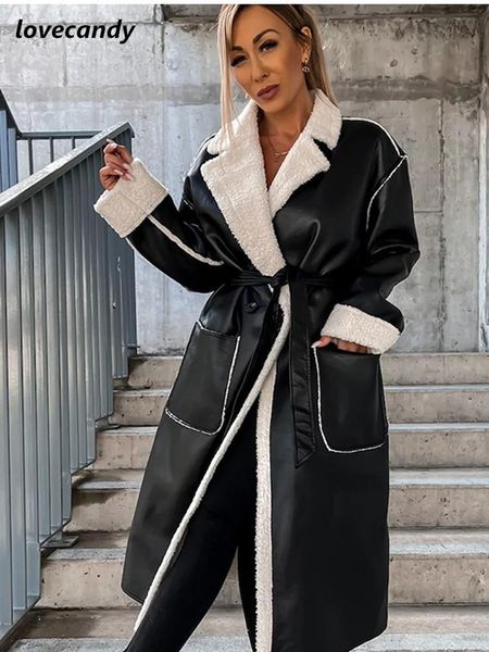 

fur women faux leather turndown collar belt pu overcoat 2022 warm loose long sleeve female midi jacket cool lady elegant pocket coat, Black