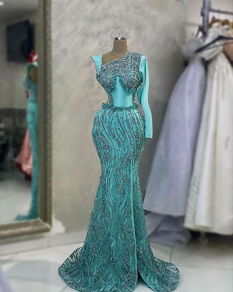 

Aso Ebi 2023 Arabic Beaded Crystals Prom Dress Sequined Lace Mermaid Evening Formal Party Second Reception Birthday Engagement Gowns Dresses Robe de Soiree SH0147, Dark navy