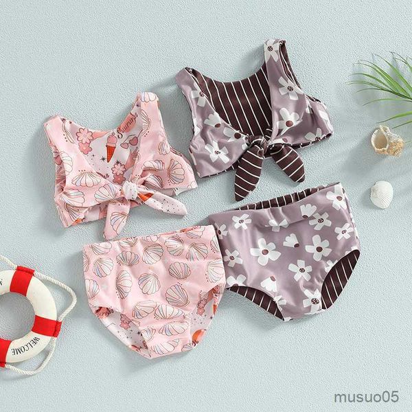 

two-pieces kids girls piece swimsuits floral print bikini bathing suit sleeveless bowknot with shorts split swimwear set, Blue