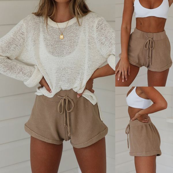 

womens shorts women casual drawstring loose shorts summer solid color knit elastic waist short pants feminino boho beach streetwear 230509, White;black