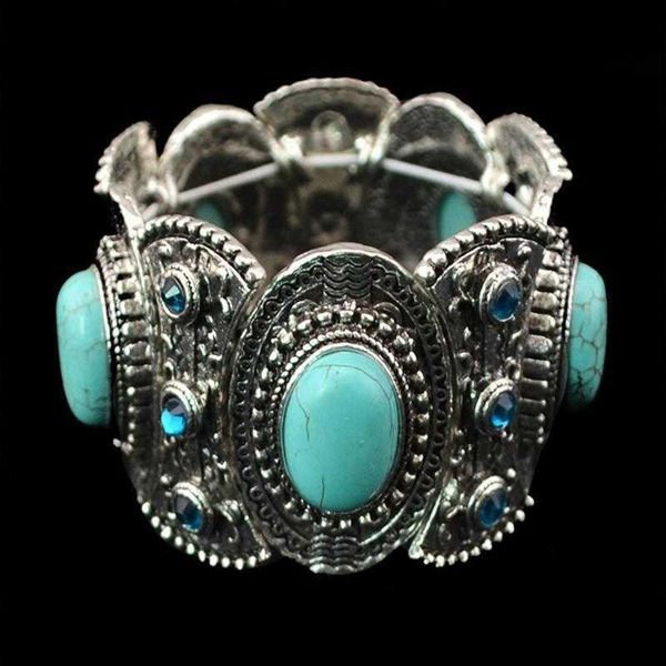 

fashion bracelet retro textured hollow inlaid turquoise gem jewelry, Golden;silver