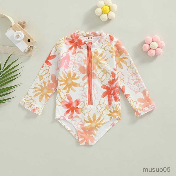 

two-pieces kids girls long sleeve bodysuit swimsuit orange flower printing zipper swimwear for girls summer jumpsuits bathing suit, Blue