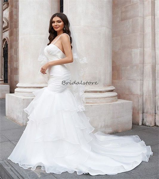 

dream mermaid boho wedding dress 2023 spaghetti straps orange ruffles church bride dress tiered beach bohemain bridal gown robe de mariee fe, White