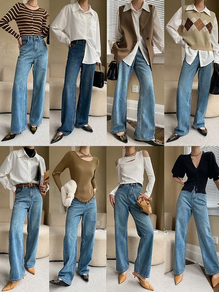 

women s pants s jyate jeans kaki lebar lurus prancis 2023 celana denim pinggang tinggi baru musim semi saku solid kasual fashion wanita 2305, Black;white