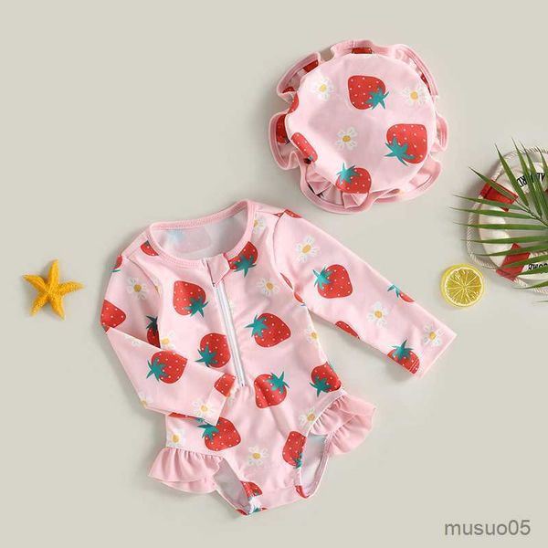 

two-pieces toddler baby girls summer rash swimsuit casual long sleeve strawberry print bathing suit sun hat beachwear set, Blue
