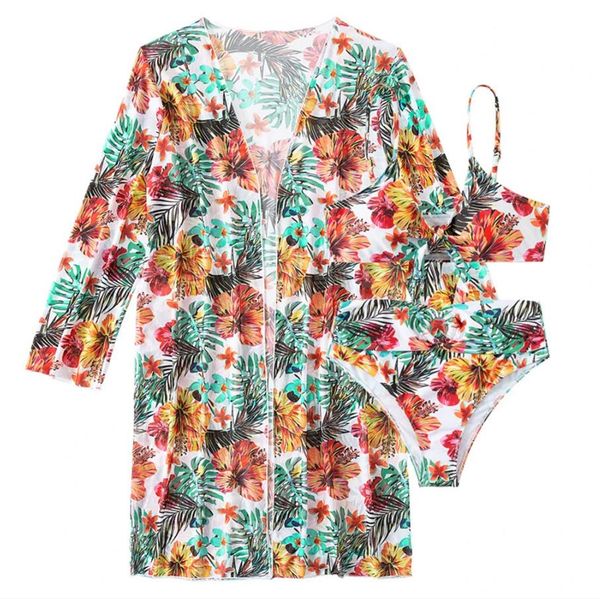 

three pieces bikinis set cover up women floral print push up swimsuit long sleeve twist swimwear biquini bathing suit