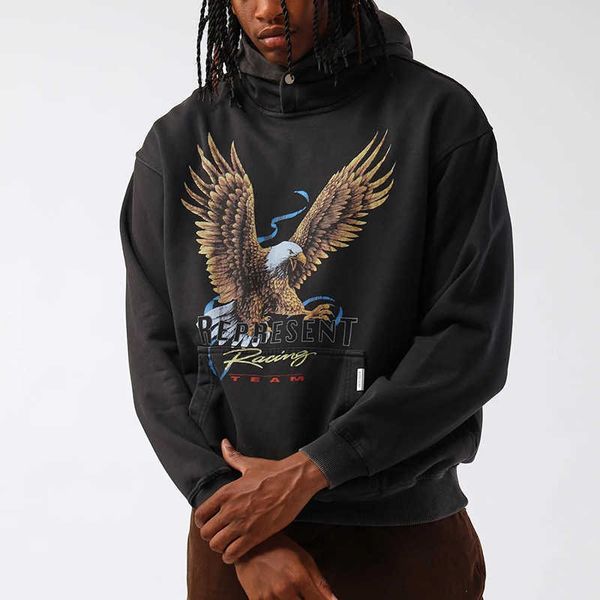 

men's hoodies represent rep designer fashion represent ative eagle print high street ins american fashion brand wash used loose hoodie, Black