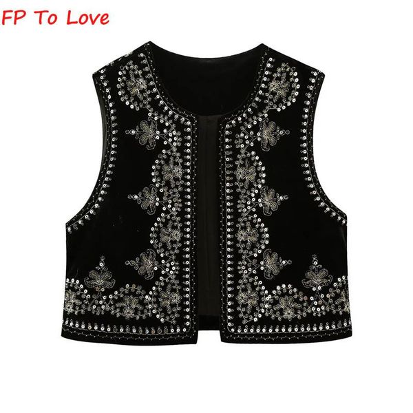 

leather sequined embroidery vintage vest velvet india folk autumn spring street look woman pb za 6895268, Black