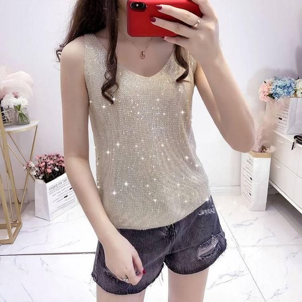 

tanks 2020 new summer women rhinestone diamonds v neck knit tank solid camisole female sling sleeveless loose vest s154, Black;white