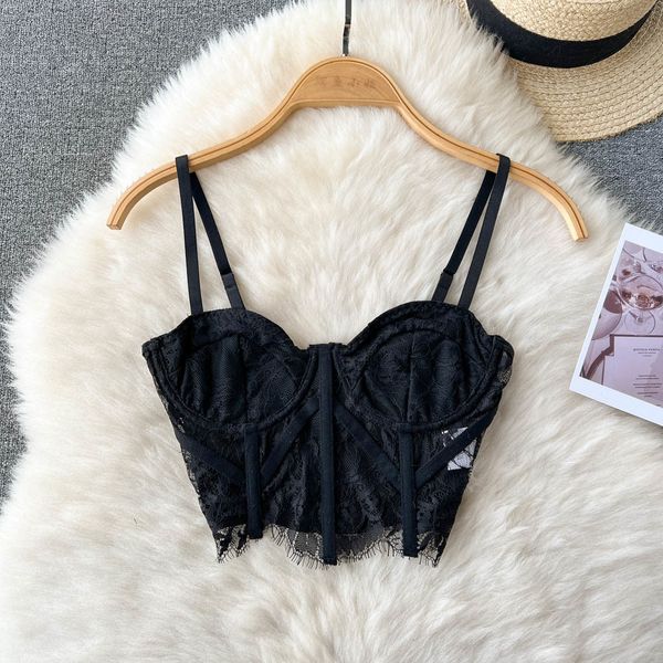 

womens tanks camis women vintage lace summer no chest pad bustiers with straps sleeveless tank girl slim solid color slash neck vest 230509, White