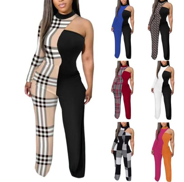 

women's jumpsuits 2023 autumn fashion color contrast print jumpsuit women off shoulder single sleeve wide leg jumpsuit women, Black;white