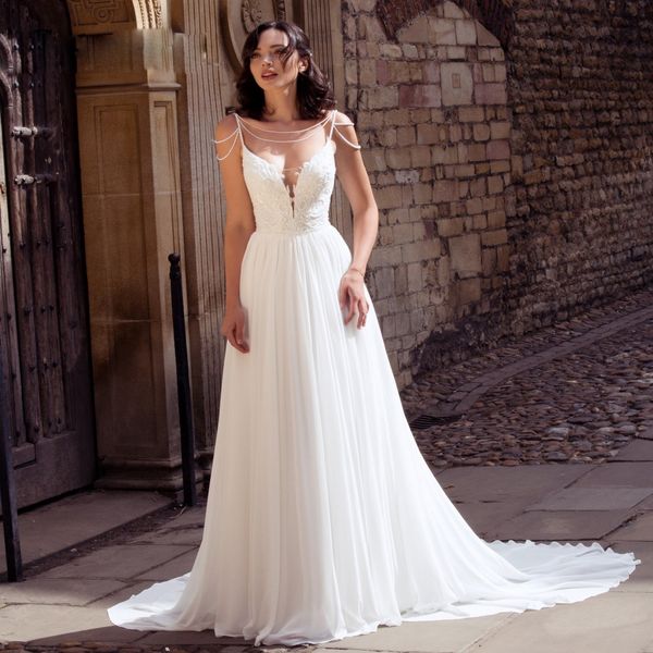 

chic beading strap a line wedding dresses scoop neck backless lace bridal gown chiffon bohemian mariages, White