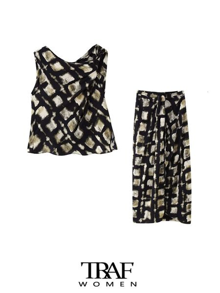 

two piece dress traf women fashion printed pleated blouses and high waist back zipper midi skirt female sets mujer 230509, White