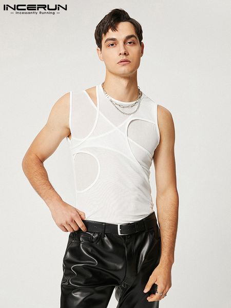 

men' tank incerun american style men hollow structural stitching waistcoat fashion casual male see-through mesh vests -5xl 230508, White;black