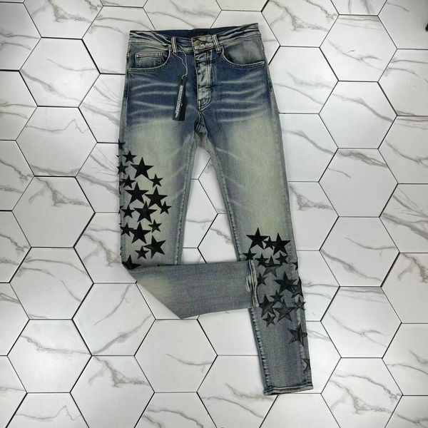 

hm624 blue mens jeans distressed motorcycle biker jean rock skinny slim ripped hole stripe fashionable snake embroidery denim pants