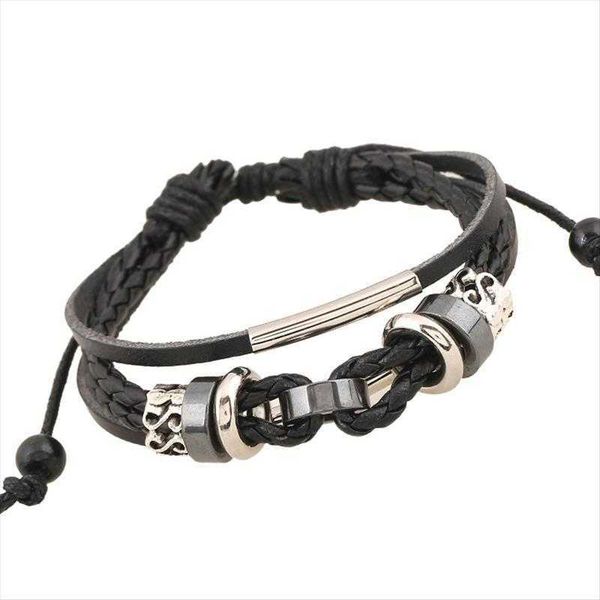 

selling accessories beaded leather bracelet strands simple and adjustable, Black