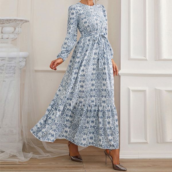 

casual dresses fashionable springsummer bohemian stripe printed with round neck ruffle leaf 94 sleeve lace up long 230509, Black;gray