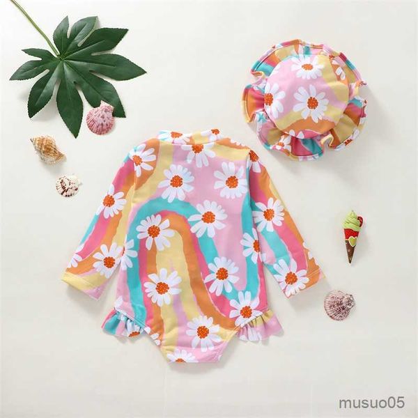 

two-pieces kid girl romper swimsuit long sleeve stand neck zipper beach pool bodysuit swimwear hat children's swimwear, Blue