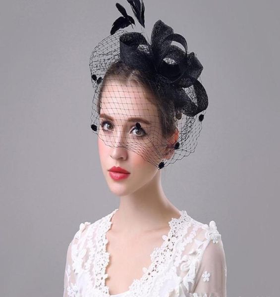 

luxury bridal hats women wedding party hat performances tulle bows feather head flower hair band headbands z1427529602, White