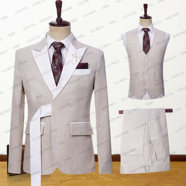 

men's suits blazers men suits 3 piece set jacket vest pants slim fit summer british style business linen khaki wedding dress 230509, White;black