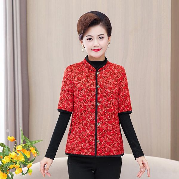 

leather middleaged and elderly women's vest winter floral cotton vests short half sleeve keep warm coat winter waistcoat, Black