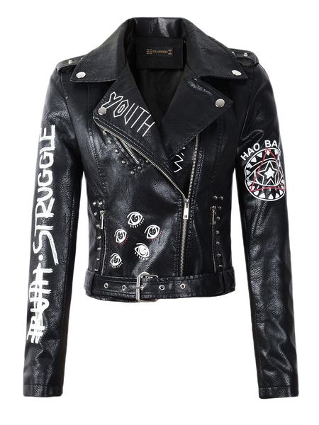 

fur 2023 women autumn winter faux soft leather jackets coats lady white black pu rivet zipper epaulet 3d print motorcycle streetwear