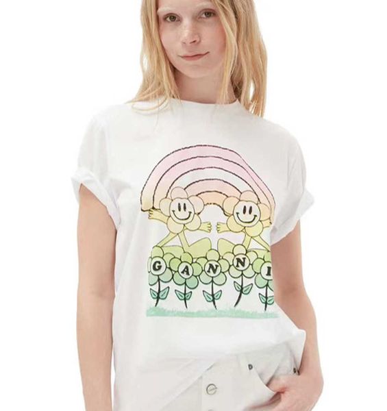

gan women designer t shirt summer cotton new rainbow pattern printed short sleeve tees loose versatile, White