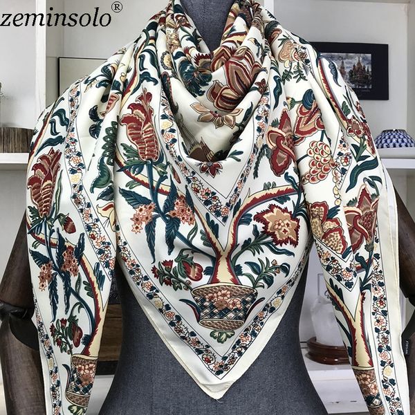 

sarongs 100% silk scarf women large shawls floral print stoles square bandana luxury brand kerchief scarves female foulard 130*130cm 230509, Blue;gray