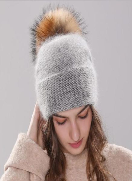

new women039s hat winter beanie knitted hat angola rabbit fur bonnet girl 039s hat fall female cap with fur pom pom9518717, Blue;gray