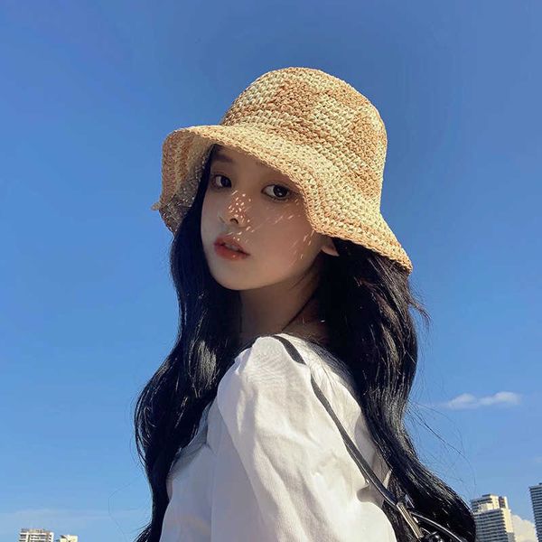 

wide brim hats handwoven strawyarn crochet bucket hats spring summer soft sun hat women beach hats plaid bob fisherman cap women panama aa23, Blue;gray