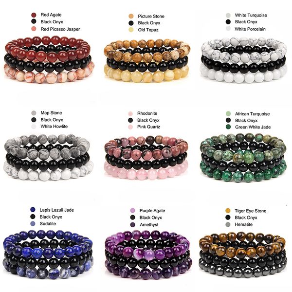 

chain 8mm natural stone bracelet set 3pcsset rhodonite rose pink quartzs moonstone amethysts hematite bracelets for women men jewelry 230508, Black