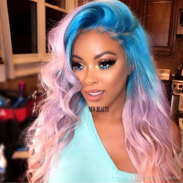 

180density full side part cosplay style synthetic lace front wig long body wave blue ombre pink colorful wig heat resistant fiber 251z, Black