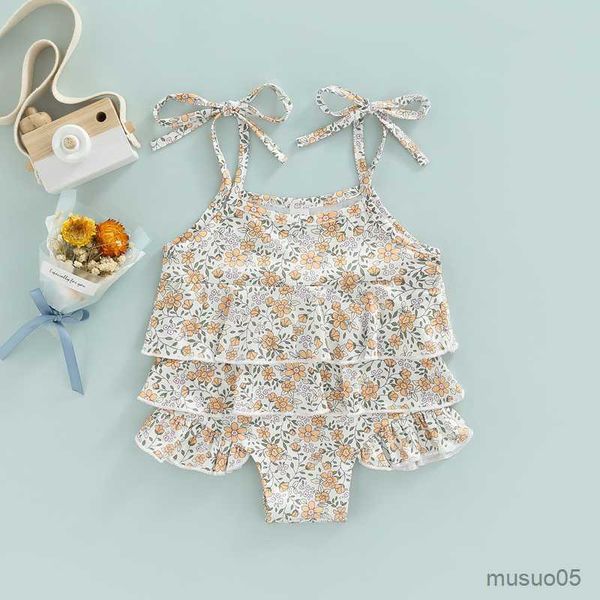 

two-pieces summer kids baby girls swimwear bikini princess cute flower printed ruffled bowknot sleeveless triangle swimsuit beach wear, Blue