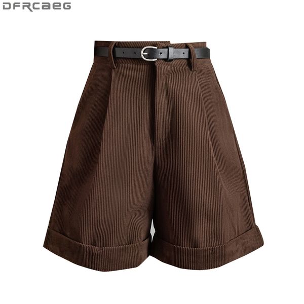 

women's shorts black khaki brown winter women's shorts casual loose wide leg corduroy woolen shorts feminino with belt high waist, White;black