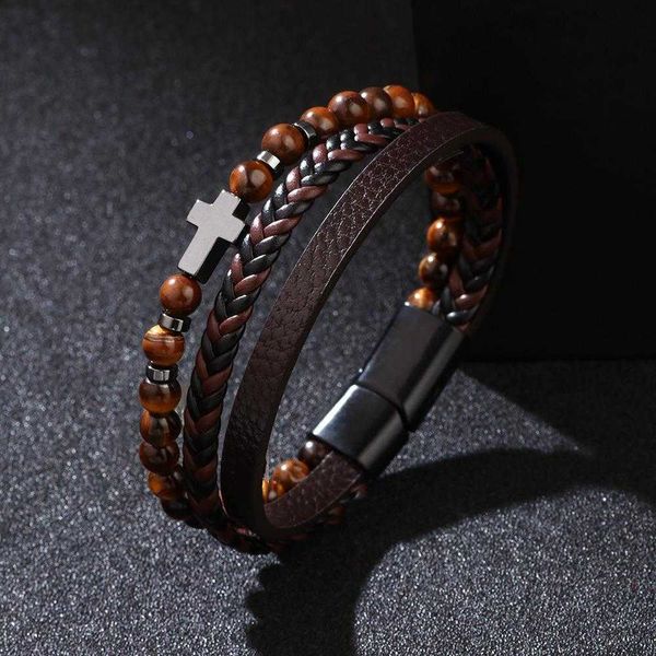 

cross multi layer hematite bracelet unique fashion style woven pu leather tigereye frosted stone, Golden;silver