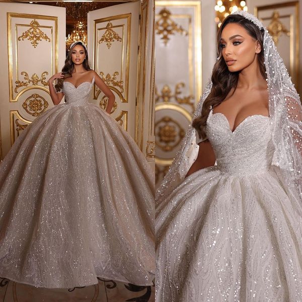 

exquisite off shoulder wedding dress lace sequined bridal gowns sleeveless glitter robe de mariee, White