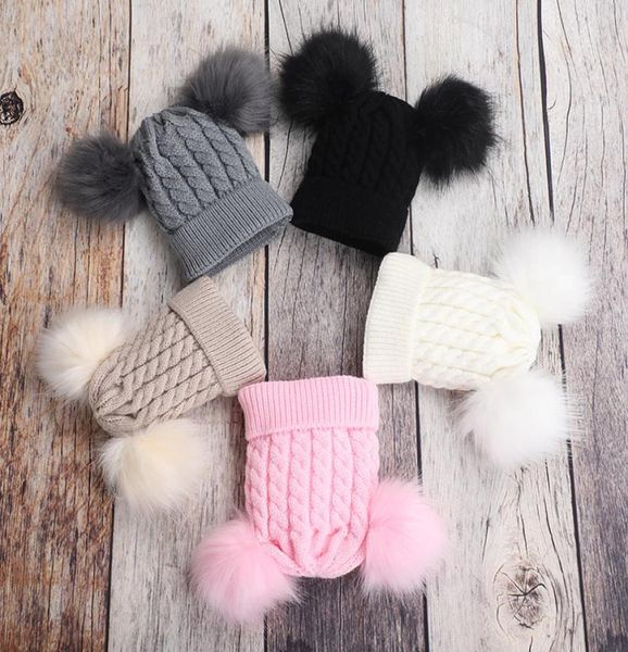 

fashion baby girls double faux fur ball caps knitted elastic newborn hats warm beanie kids infant bonnet christmas gift4835866, Blue;gray