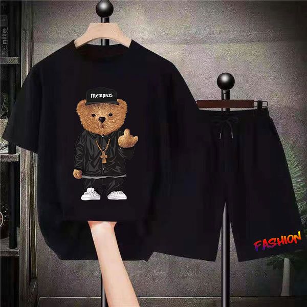 

men's tracksuits cotton t shirt shorts 2 pieces outfits fashion luxury man clothing solid color printed bear tracksuit sets summer 2305, Gray