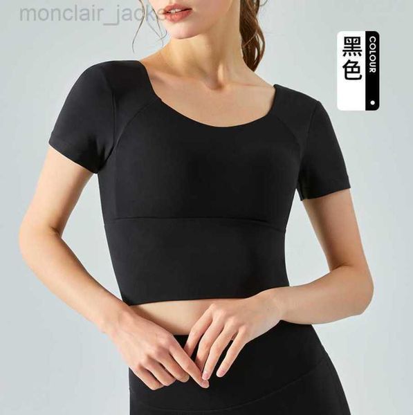 

desginer alo yoga t shirt neck short sleeve one piece chest cushion sports tight quick drying fitness dress women 23ss, White