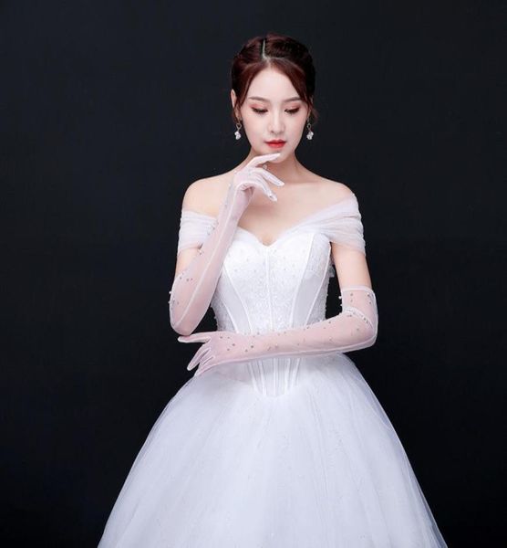 

korean new fullfinger long mesh gauze pearls gloves wedding etiquette performance white gloves bride accessories glove2977884